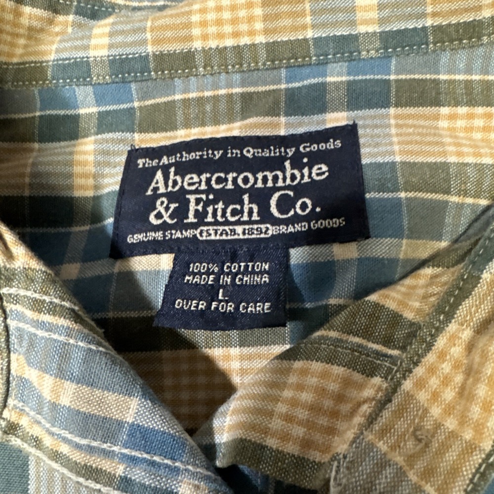 Vintage Abercrombie & Fitch Button Up Mens L Blue Tan Plaid Cotton Gorpcore